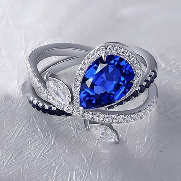 🎀 Beautiful Royal Blue Red Water Drop Pure Pear CZ Ring for Women, HA4386-6 - Picture 1 of 2